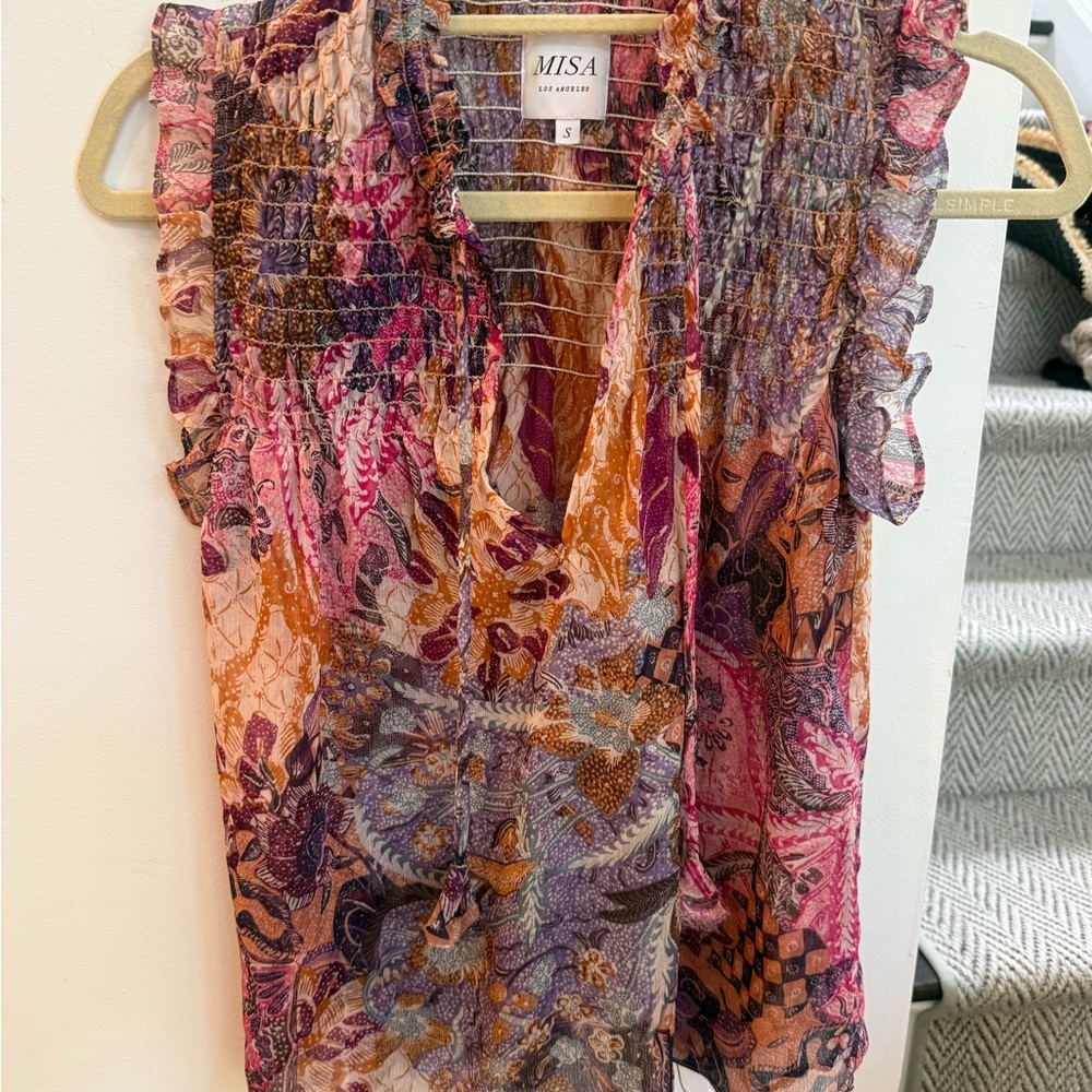 MISA Los Angeles Women's Pink & Orange Paisley Ruffled Sleeveless Top